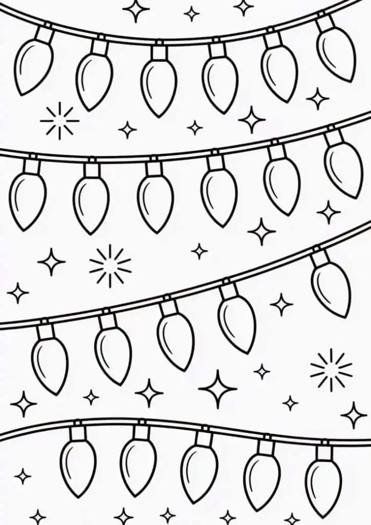 Frosted Dreams-A Winter Coloring Journey Black and white illustration of Christmas string lights with star designs, perfect for coloring books or festive decorations. | Sky Rye Design Black and white illustration of Christmas string lights with star designs, perfect for coloring books or festive decorations.