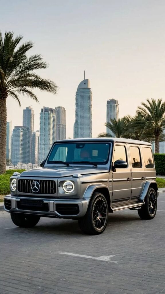 Luxury silver SUV parked with modern skyscrapers and palm trees in the background, showcasing cityscape and urban sophistication.