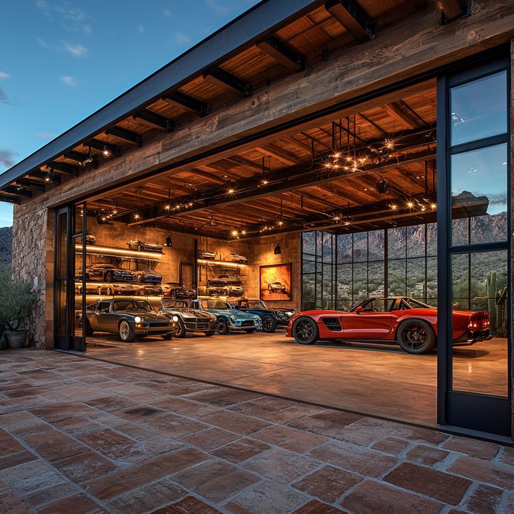 Garage Car Collection Luxury car garage with classic and modern cars, elegant wooden interior, open glass doors, and stunning mountain view. | Sky Rye Design Luxury car garage with classic and modern cars, elegant wooden interior, open glass doors, and stunning mountain view.