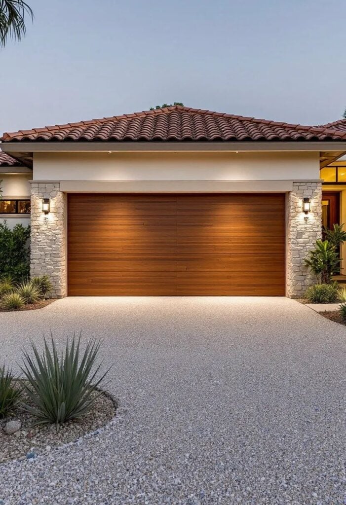Modern house with a wooden garage door, stone walls, and a red-tiled roof, surrounded by landscaped plants and a gravel driveway.