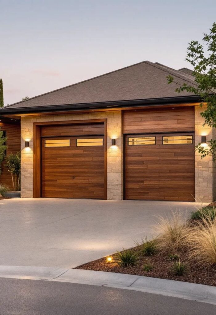 Modern home exterior with wooden garage doors and sleek outdoor lighting at sunset, featuring minimal landscaping.