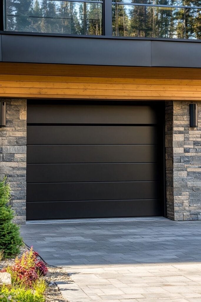 Modern stone and wood exterior garage with sleek black door, surrounded by trees, showcasing stylish architectural home design.