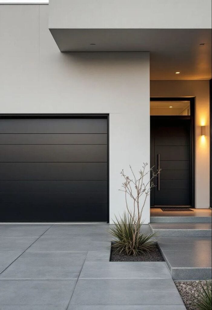 Modern home entrance with sleek black garage door and minimal landscaping. Contemporary architectural design with clean lines.