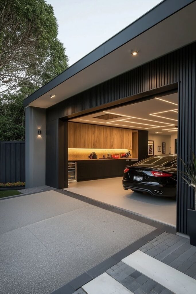 Modern home garage with sleek car, stylish wood cabinetry, and ambient ceiling lighting, enhancing luxury and functionality.