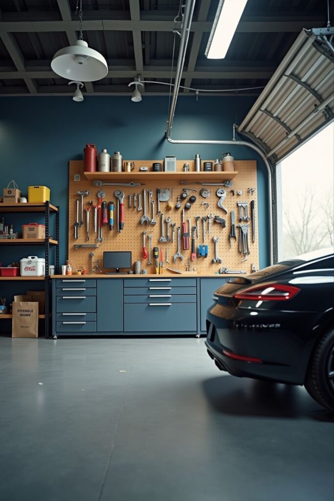 Garage einrichten_ Innovative Ideen für mehr Stauraum und Funktionalität_ Modern garage with organized tools on a pegboard, blue cabinetry, and a sleek black car in the foreground. | Sky Rye Design Modern garage with organized tools on a pegboard, blue cabinetry, and a sleek black car in the foreground.
