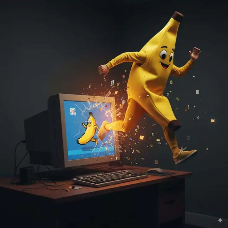 Person in banana costume jumps out of computer screen, blending digital and real world, playful and surreal escape concept.
