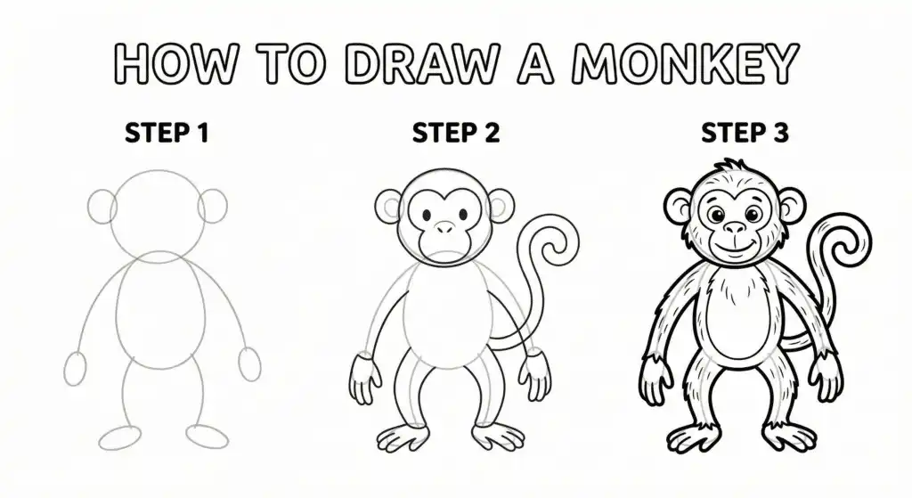 Step-by-step guide: Learn how to draw a monkey in three easy stages, from outline to detailed illustration. Perfect for