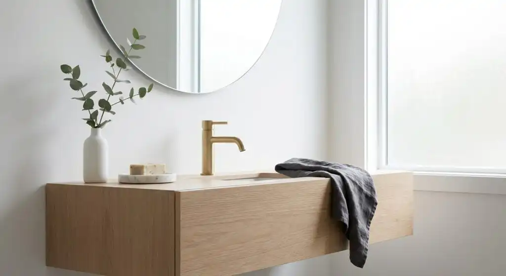 Modern bathroom with a minimalist wooden vanity, round mirror, gold faucet, and natural decor near a frosted window.