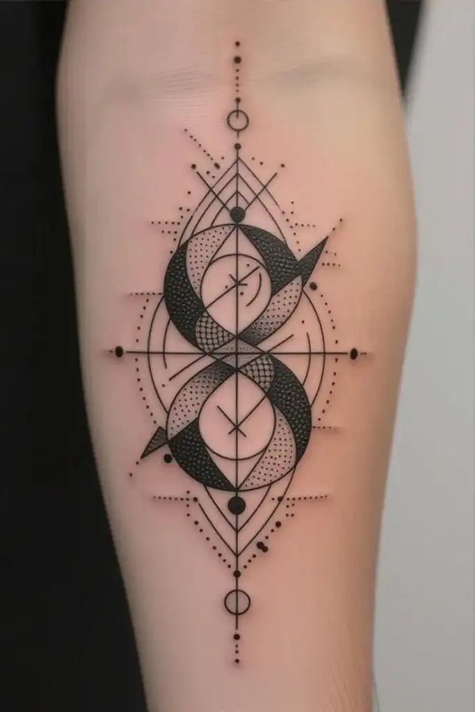 Geometric tattoo design with intricate patterns and dots, featuring an infinity symbol on an arm.