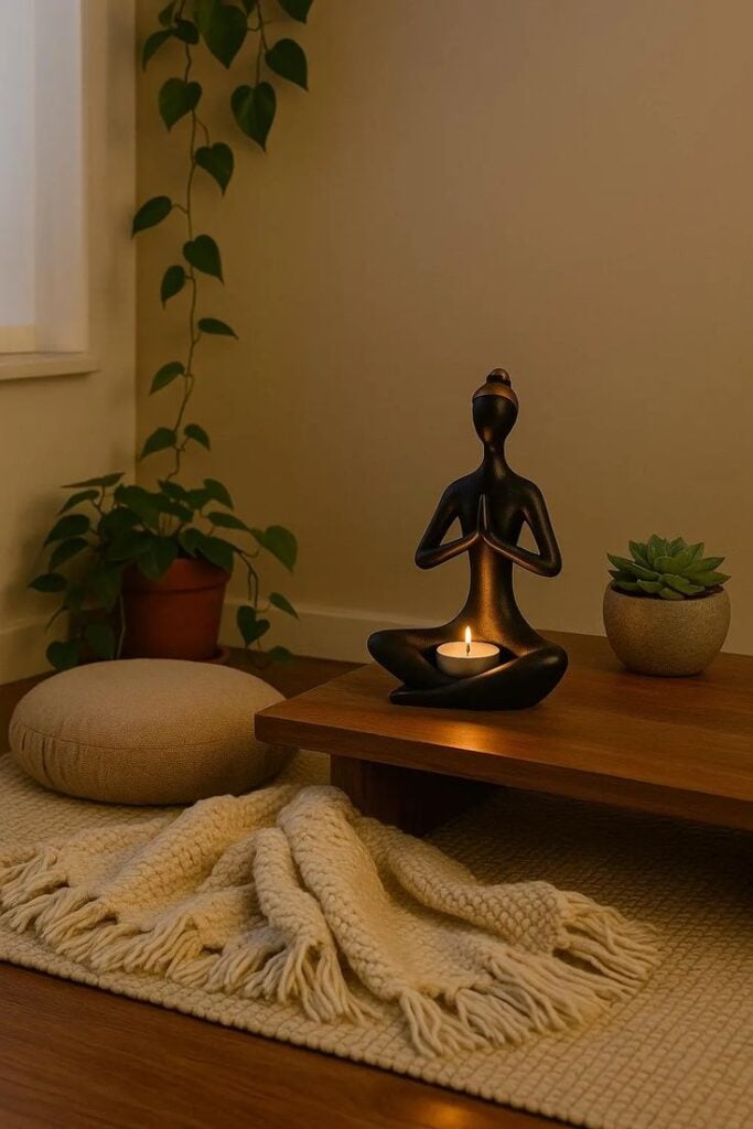 Minimalist room with meditation statue holding candle, plants, cushion, and cozy blanket on rug, ideal for relaxation and