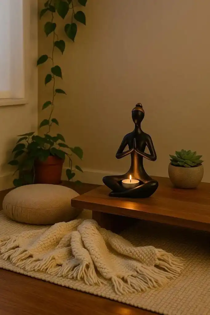 Minimalist room with meditation statue holding candle, plants, cushion, and cozy blanket on rug, ideal for relaxation and