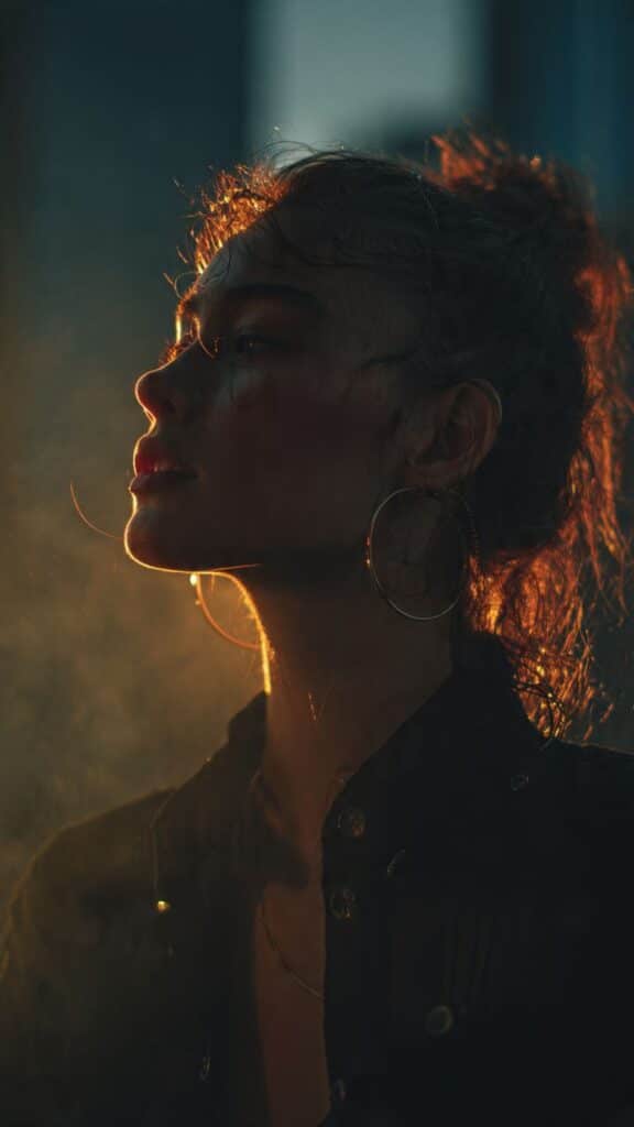 Golden Hour Glow_ Serene Backlit Portrait with Curly Hair Halo Profile of a person with curly hair and hoop earrings in dramatic backlighting, creating a silhouette effect. | Sky Rye Design Profile of a person with curly hair and hoop earrings in dramatic backlighting, creating a silhouette effect.