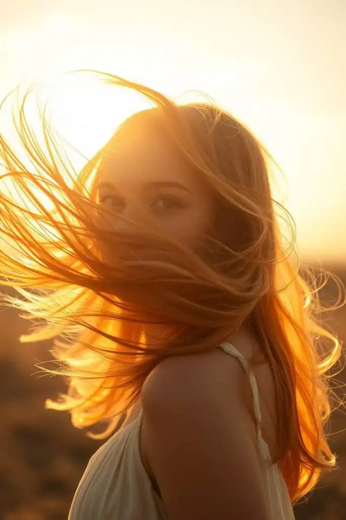 Woman with flowing hair in warm sunset light, creating a serene, dreamy atmosphere. Perfect for beauty, nature, or relaxation themes.