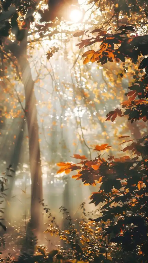 Sunlight filters through autumn leaves in a serene forest, creating a warm and tranquil atmosphere with golden hues and soft light.