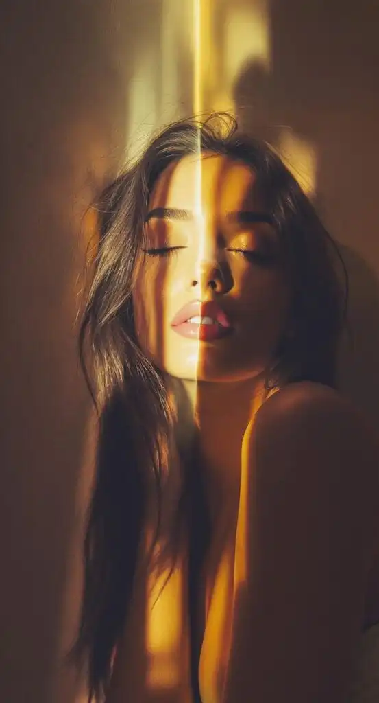 Soft sunlight illuminates a serene woman with closed eyes, casting artistic shadows on her face, creating a peaceful and contemplative atmosphere.