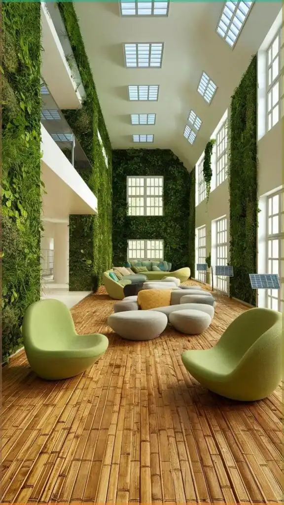 Modern indoor space with green vertical gardens, wooden floors, and cozy seating, flooded with natural light through large windows.