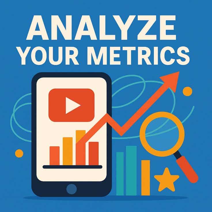 Grow Your YouTube Channel_ Analyze Your Metrics -- Digital PDF Guide Illustration of a smartphone with metrics and growth chart, magnifying glass, and text Analyze Your Metrics for data analysis insight. | Sky Rye Design Illustration of a smartphone with metrics and growth chart, magnifying glass, and text Analyze Your Metrics for data analysis insight.