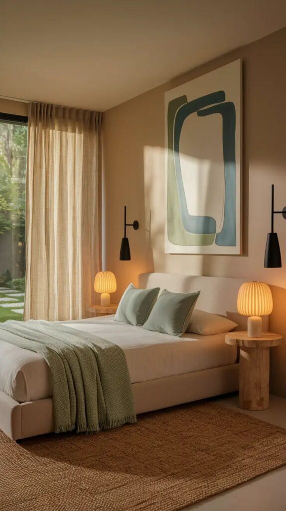 Guest Bedroom Ideas 2026_ Cozy Modern Color Pops That Still Feel Serene Cozy bedroom with beige walls, soft lighting, and minimalist decor, featuring a double bed, abstract art, and stylish lamps. | Sky Rye Design Cozy bedroom with beige walls, soft lighting, and minimalist decor, featuring a double bed, abstract art, and stylish lamps.