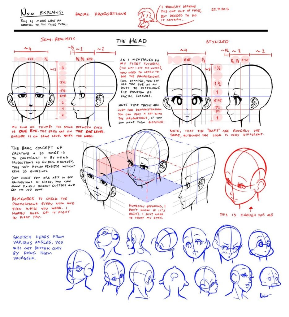 Illustration guide explaining facial proportions for semi-realistic and stylized head drawing, including tips on perspective