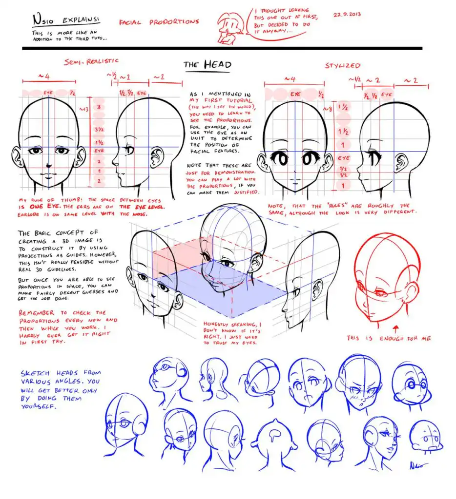 Illustration guide explaining facial proportions for semi-realistic and stylized head drawing, including tips on perspective