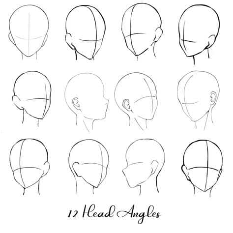 Illustration of 12 head angles in sketch style, showcasing different perspectives for drawing practice and artistic
