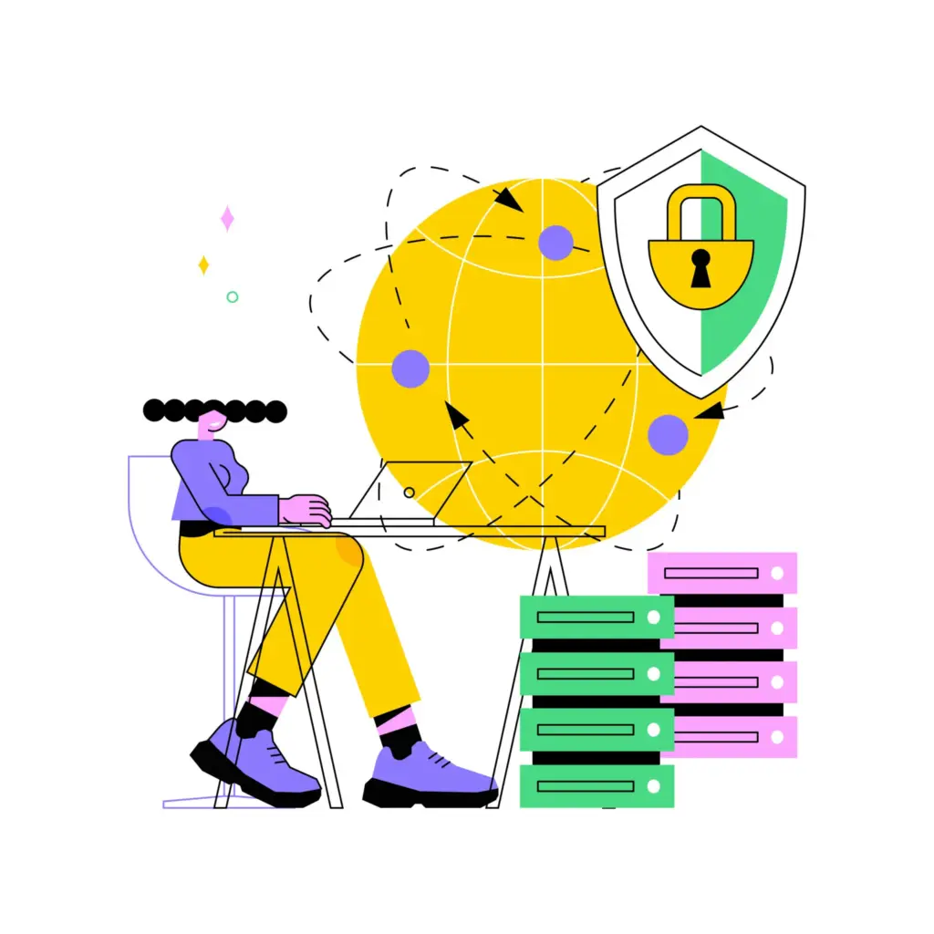 Illustration of a person working on a laptop, symbolizing global cybersecurity with a shield and network, next to colorful server stacks.