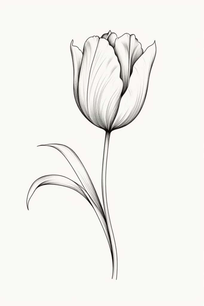 Black and white sketch of a single tulip flower with detailed petals and leaves, showcasing botanical art style on a white