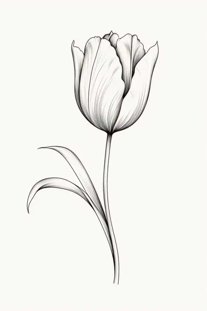 Black and white sketch of a single tulip flower with detailed petals and leaves, showcasing botanical art style on a white