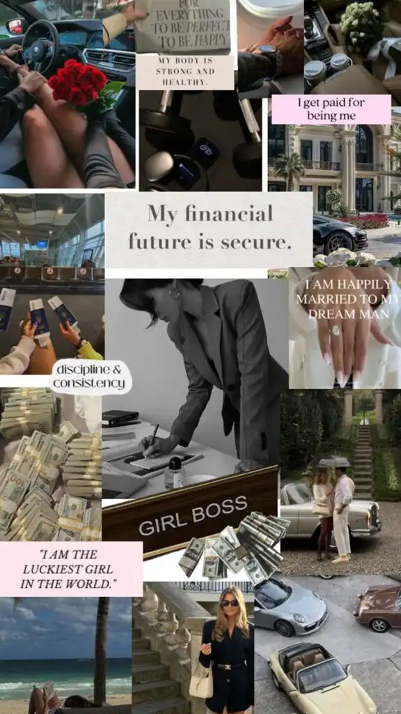 Health Love and money Collage of luxury lifestyle imagery with quotes about success and happiness; luxury cars, travel, money, and empowerment messages. | Sky Rye Design Collage of luxury lifestyle imagery with quotes about success and happiness; luxury cars, travel, money, and empowerment messages.