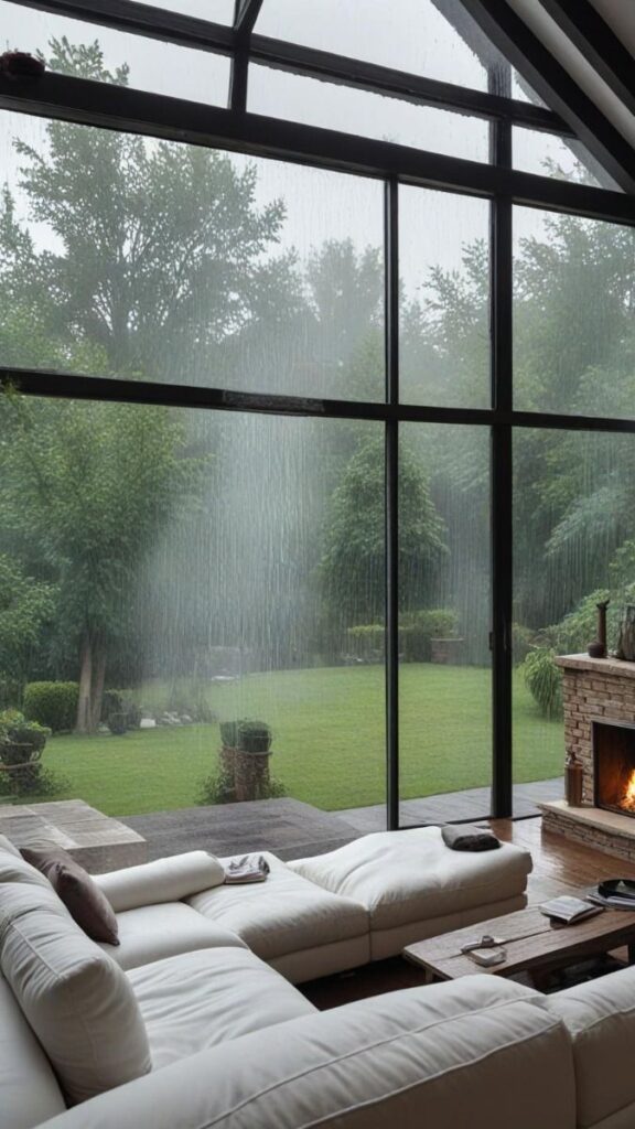 Heavy rain is being watched from a house with large windows a large fireplace and a white sofa Cozy living room with large windows showing a rainy garden view, complemented by a modern fireplace and white sectional sofa. | Sky Rye Design Cozy living room with large windows showing a rainy garden view, complemented by a modern fireplace and white sectional sofa.