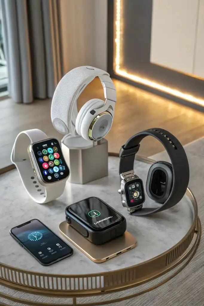 Smartwatch, smartphone, and wireless headphones on a stylish round table, showcasing modern technology and gadgets in a bright interior.