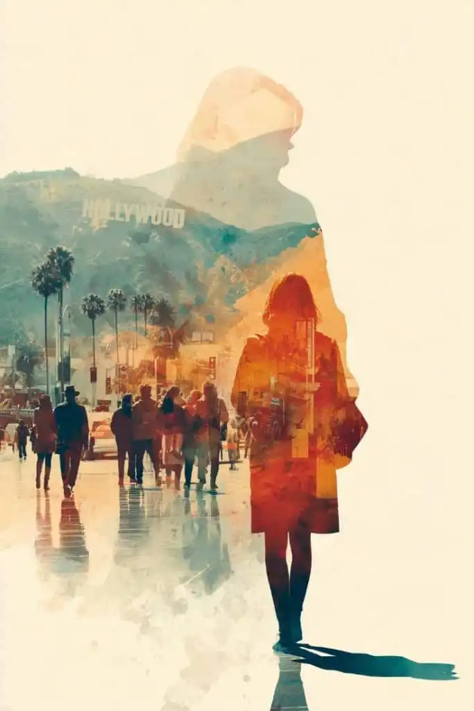 _Hollywood Reverie Art Print Double Exposure LA Wall Decor for Dreamers Designers_ Double exposure art blending Hollywood skyline with a walking person, capturing iconic city life and mysterious urban vibes. | Sky Rye Design Double exposure art blending Hollywood skyline with a walking person, capturing iconic city life and mysterious urban vibes.