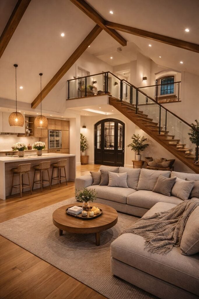 Home Equity Options 1 Warm, elegant open-concept living room with cozy sofa, stylish kitchen island, and wooden beams, perfect for modern interiors. | Sky Rye Design Warm, elegant open-concept living room with cozy sofa, stylish kitchen island, and wooden beams, perfect for modern interiors.