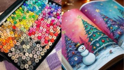 A vibrant array of markers beside an open coloring book with a festive snowman and Christmas trees against a colorful winter backdrop.