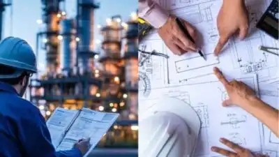 Engineer reviewing plant blueprints and industrial site at dusk, highlighting design and construction planning in engineering sectors.