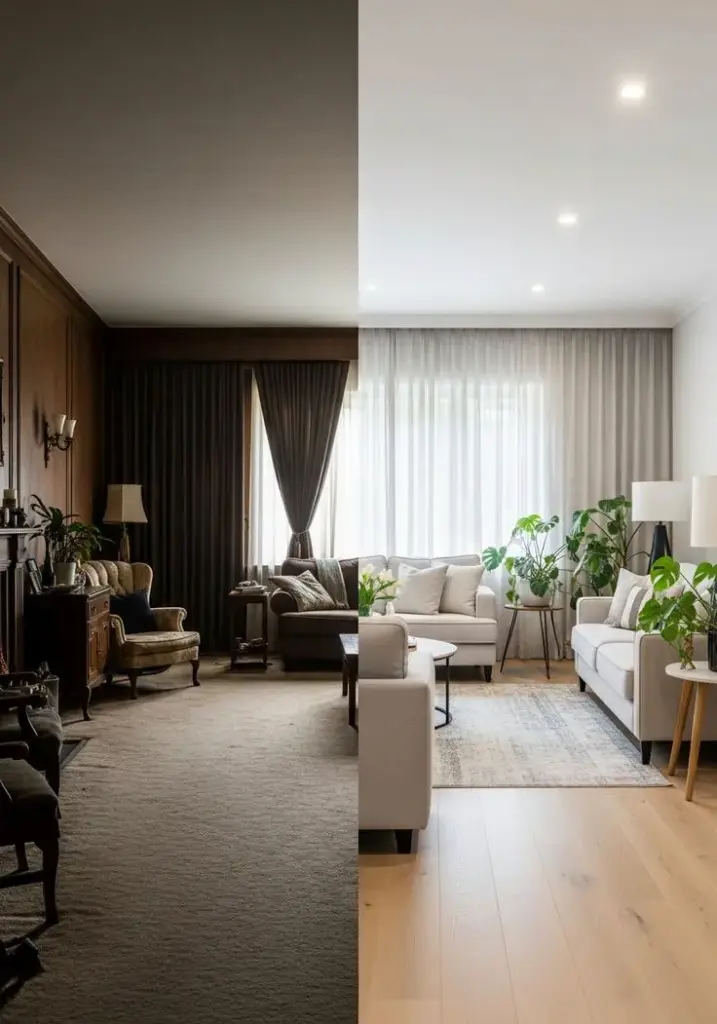 Two living room designs: one vintage and dark, the other modern and bright, showcasing interior style contrast and transformation.