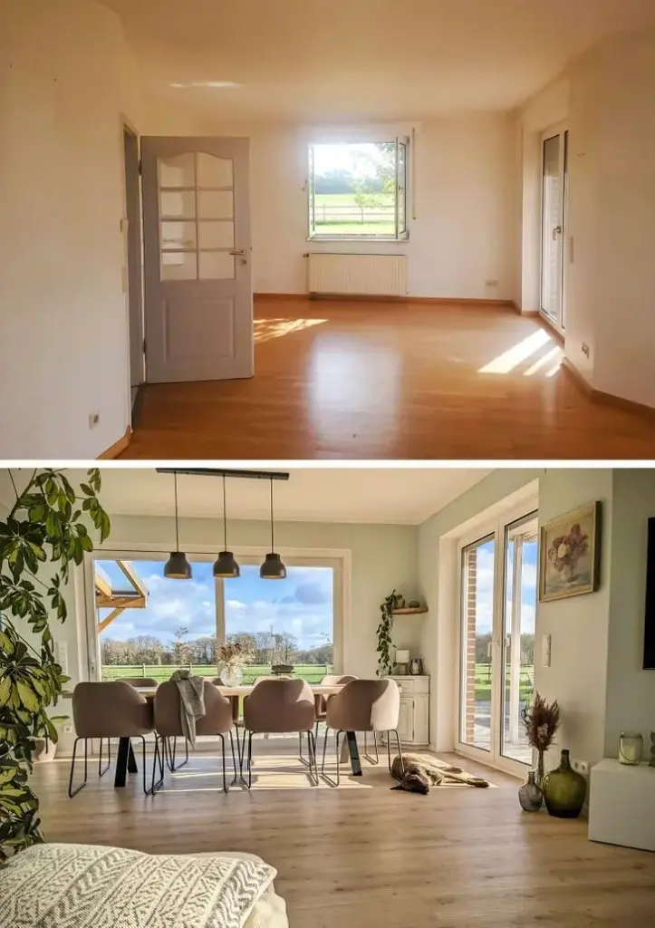 Room transformation: empty space to stylish, light-filled dining area with modern decor and scenic views through large windows.
