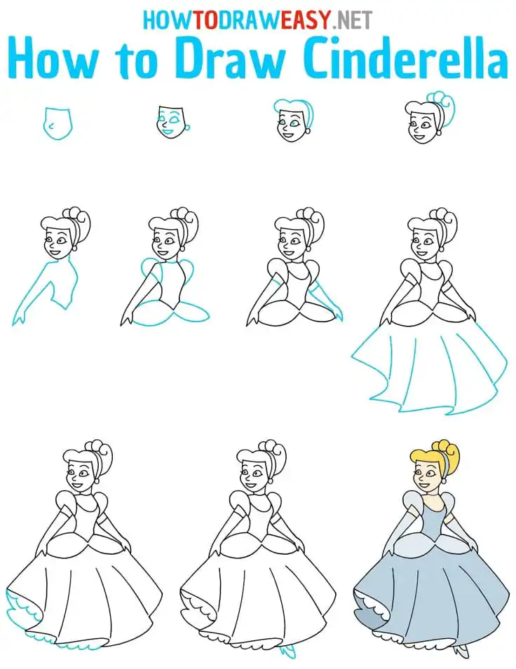 How to Draw Cinderella Step-by-step guide on how to draw Cinderella from basic shapes to a full-color illustration, suitable for beginners and kids. | Sky Rye Design Step-by-step guide on how to draw Cinderella from basic shapes to a full-color illustration, suitable for beginners and kids.