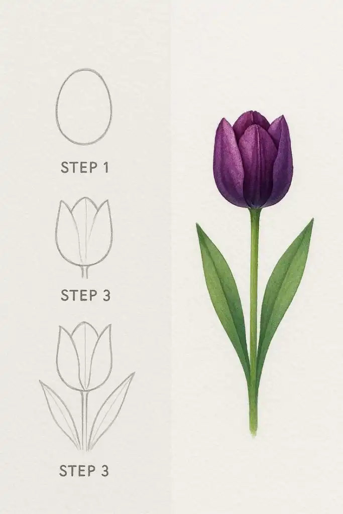 Step-by-step guide to drawing a purple tulip: from an oval outline to a detailed flower illustration with leaves.