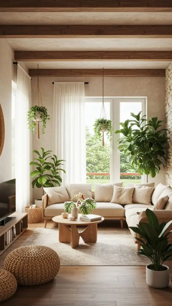 Cozy living room with beige sofa, wooden coffee table, green plants, and natural light from large windows creating a serene, inviting space.