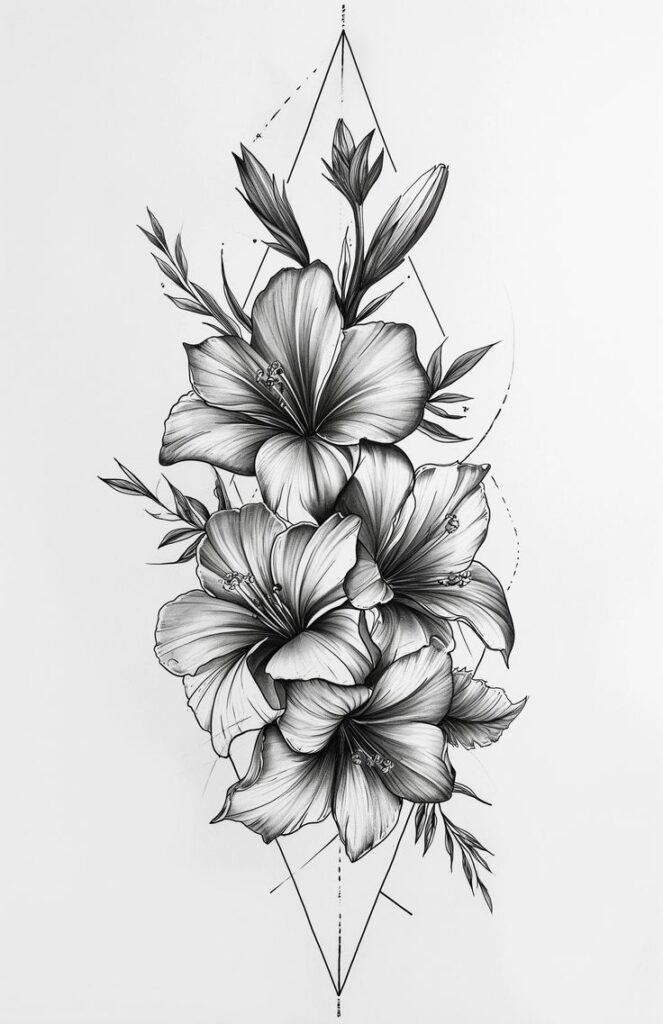 I will make professional tattoo design of your ideas Intricate black and white floral tattoo design featuring detailed hibiscus flowers with geometric accents on a white background. | Sky Rye Design Intricate black and white floral tattoo design featuring detailed hibiscus flowers with geometric accents on a white background.