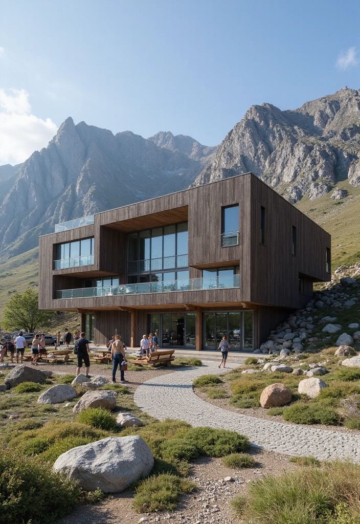Modern wooden building with large windows, nestled in a rocky mountainous landscape, surrounded by people enjoying the outdoor scenery.