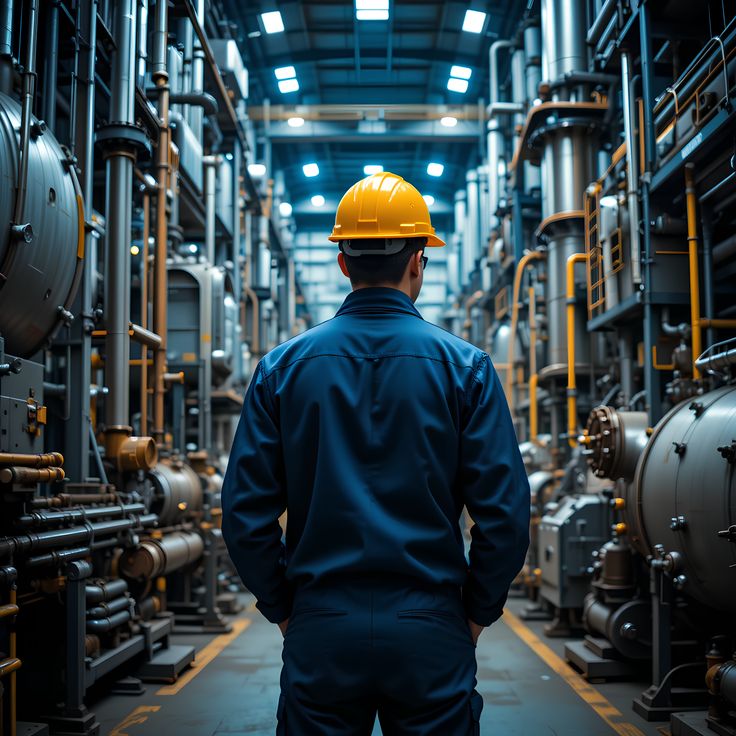 Industrial Plant Inspection_ Engineer Overseeing Complex Machinery ⚙️👷_♂️ Focused on Operations Worker in hard hat inspecting complex industrial machinery in a modern factory setting. | Sky Rye Design Worker in hard hat inspecting complex industrial machinery in a modern factory setting.