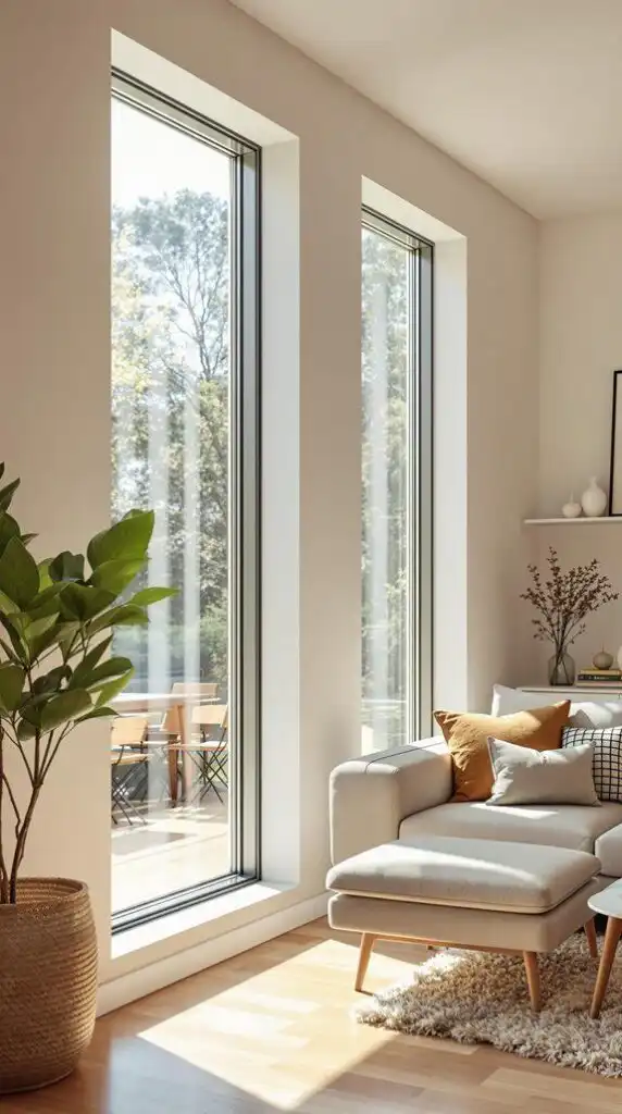 Bright living room with large windows, cozy beige sofa, and green plant. Sunlit, minimalistic interior design with nature view.