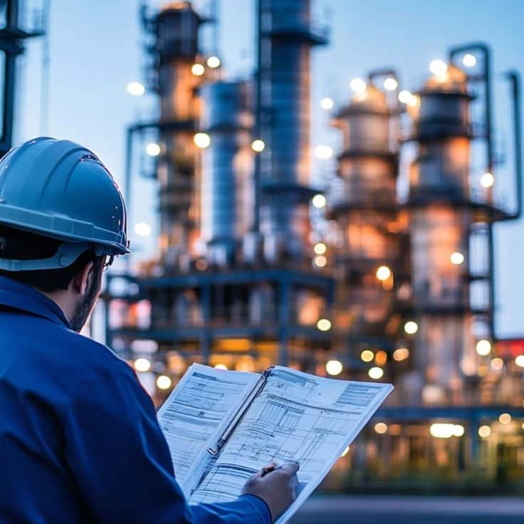 Invista no seu sucesso profissional hoje e se Engineer in hard hat reviewing refinery blueprints at an industrial plant during dusk, with illuminated structures in the background. | Sky Rye Design Engineer in hard hat reviewing refinery blueprints at an industrial plant during dusk, with illuminated structures in the background.