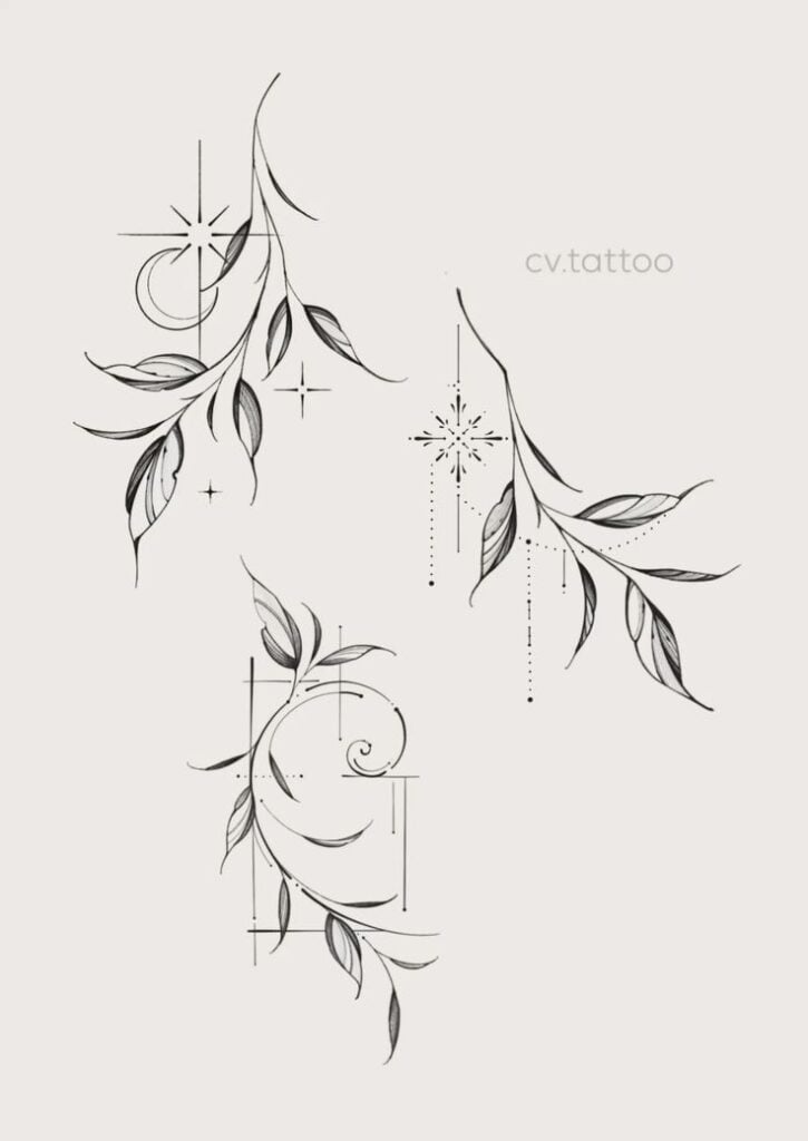 Elegant botanical tattoo designs featuring delicate leaves, geometric lines, and minimalist star accents on a light background.
