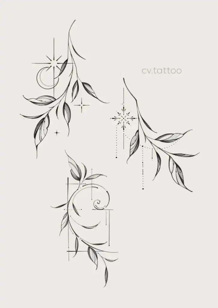 Elegant botanical tattoo designs featuring delicate leaves, geometric lines, and minimalist star accents on a light background.