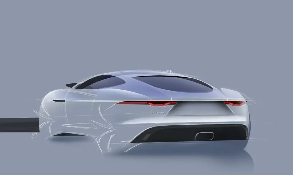 Sleek car design sketch showcasing aerodynamic curves and futuristic style on a minimalist blue background, emphasizing luxury and innovation.
