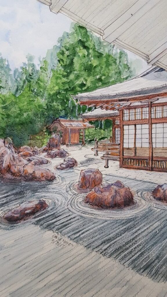 Japanese Garden Watercolor Ink Colored Pencil 2 Watercolor painting of a serene Japanese rock garden with a traditional wooden structure surrounded by lush green trees. | Sky Rye Design Watercolor painting of a serene Japanese rock garden with a traditional wooden structure surrounded by lush green trees.