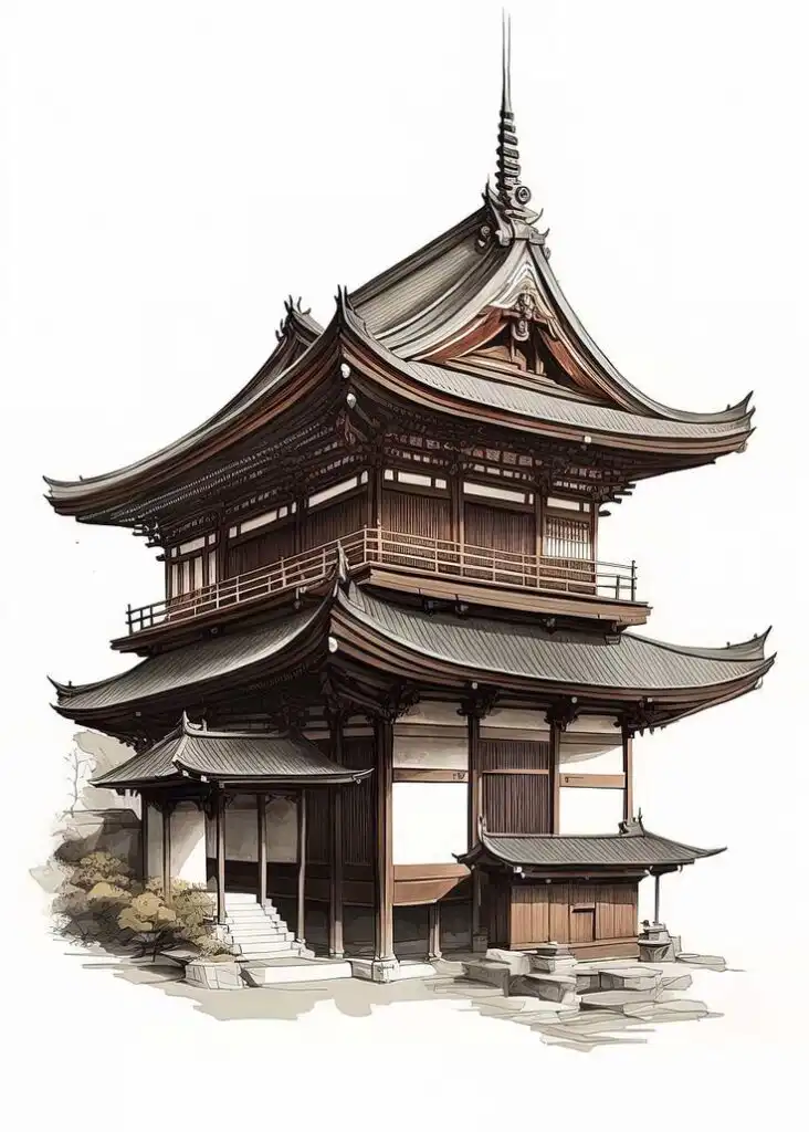 Illustration of a traditional Japanese temple with intricate wooden architecture and curved roofs, reflecting authentic cultural design.